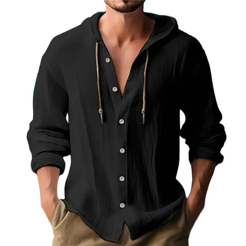 Summer Men's Linen Shirt Solid Streetwear Long Sleeve Hoodie Cardigan Clothing For Men Button Tops Casual Loose Men Hooded Shirt