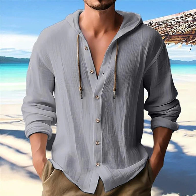 Summer Men's Linen Shirt Solid Streetwear Long Sleeve Hoodie Cardigan Clothing For Men Button Tops Casual Loose Men Hooded Shirt