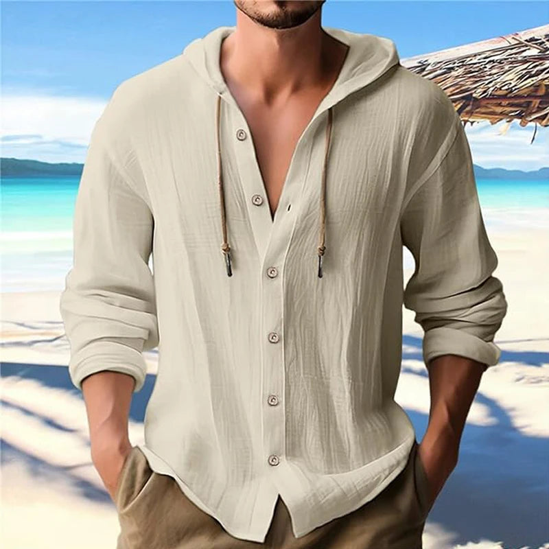 Summer Men's Linen Shirt Solid Streetwear Long Sleeve Hoodie Cardigan Clothing For Men Button Tops Casual Loose Men Hooded Shirt