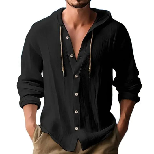 Summer Men's Linen Shirt Solid Streetwear Long Sleeve Hoodie Cardigan Clothing For Men Button Tops Casual Loose Men Hooded Shirt
